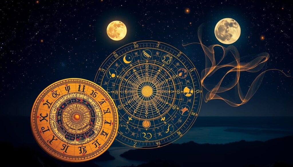 A beautiful astrological map depicting the celestial bodies and zodiac signs, against a backdrop of a serene, moonlit night sky. In the foreground, a detailed illustration of the zodiac wheel, with each sign represented by its iconic symbol, rendered in vibrant, jewel-toned colors. The middle ground features an intricate web of astrological elements, including planets, stars, and celestial patterns, all bathed in a warm, golden glow. In the background, a vast, starry expanse stretches out, with wisps of ethereal, swirling cosmic energy adding a sense of mysticism and wonder. The overall composition conveys a harmonious balance between the earthly and the celestial, inviting the viewer to explore the depths of astrological knowledge and the profound influence of the heavens. A beautiful astrological map depicting the celestial bodies and zodiac signs, against a backdrop of a serene, moonlit night sky. In the foreground, a detailed illustration of the zodiac wheel, with each sign represented by its iconic symbol, rendered in vibrant, jewel-toned colors. The middle ground features an intricate web of astrological elements, including planets, stars, and celestial patterns, all bathed in a warm, golden glow. In the background, a vast, starry expanse stretches out, with wisps of ethereal, swirling cosmic energy adding a sense of mysticism and wonder. The overall composition conveys a harmonious balance between the earthly and the celestial, inviting the viewer to explore the depths of astrological knowledge and the profound influence of the heavens.