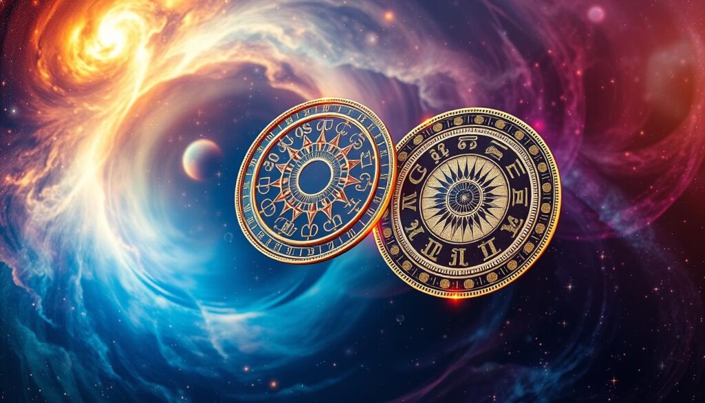 A breathtaking celestial dance, contrasting the mystical symbolism of Vedic astrology with the analytical precision of Western astrology. Swirling galaxies and nebulae in vibrant hues form the backdrop, as two horoscope wheels - one ancient, one modern - levitate elegantly, their intricate designs intertwining in a cosmic embrace. Soft, warm lighting illuminates the scene, casting a contemplative, almost spiritual atmosphere. The composition balances the Eastern and Western astrological traditions, inviting the viewer to explore the subtle nuances and profound insights that lie at the intersection of these ancient practices. A breathtaking celestial dance, contrasting the mystical symbolism of Vedic astrology with the analytical precision of Western astrology. Swirling galaxies and nebulae in vibrant hues form the backdrop, as two horoscope wheels - one ancient, one modern - levitate elegantly, their intricate designs intertwining in a cosmic embrace. Soft, warm lighting illuminates the scene, casting a contemplative, almost spiritual atmosphere. The composition balances the Eastern and Western astrological traditions, inviting the viewer to explore the subtle nuances and profound insights that lie at the intersection of these ancient practices.