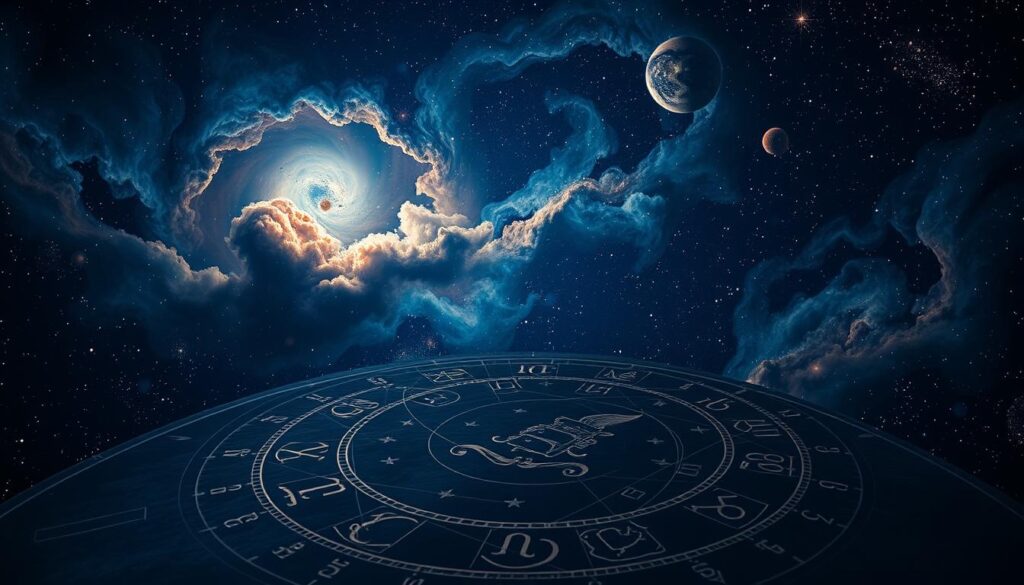 A breathtaking cosmic landscape, where celestial bodies dance in a mesmerizing ballet. In the foreground, a detailed astrological chart unfolds, its intricate symbols and patterns etched against a midnight-blue sky. Swirling nebulae and shimmering stars fill the background, casting a warm, ethereal glow. The composition is balanced and harmonious, inviting the viewer to explore the mysteries of the universe and the intricacies of the zodiac. A captivating representation of the interconnectedness between the heavens and the human experience. A breathtaking cosmic landscape, where celestial bodies dance in a mesmerizing ballet. In the foreground, a detailed astrological chart unfolds, its intricate symbols and patterns etched against a midnight-blue sky. Swirling nebulae and shimmering stars fill the background, casting a warm, ethereal glow. The composition is balanced and harmonious, inviting the viewer to explore the mysteries of the universe and the intricacies of the zodiac. A captivating representation of the interconnectedness between the heavens and the human experience.