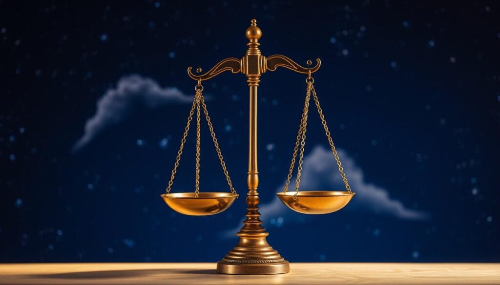 A bronze scale, elegantly balanced, set against a starry night sky. The scale's pans, exquisitely crafted, hang in perfect equilibrium, symbolizing the Libra sign's pursuit of harmony and justice. Soft, warm lighting casts a gentle glow, highlighting the scale's intricate details and the mystical cosmic backdrop. The composition is symmetrical, evoking a sense of tranquility and contemplation. Wispy clouds drift across the indigo heavens, adding depth and a touch of movement to the serene scene. This astrological icon, adorned with celestial elements, embodies the Libra spirit - a graceful, well-measured representation of the zodiac's balancing act. A bronze scale, elegantly balanced, set against a starry night sky. The scale's pans, exquisitely crafted, hang in perfect equilibrium, symbolizing the Libra sign's pursuit of harmony and justice. Soft, warm lighting casts a gentle glow, highlighting the scale's intricate details and the mystical cosmic backdrop. The composition is symmetrical, evoking a sense of tranquility and contemplation. Wispy clouds drift across the indigo heavens, adding depth and a touch of movement to the serene scene. This astrological icon, adorned with celestial elements, embodies the Libra spirit - a graceful, well-measured representation of the zodiac's balancing act.