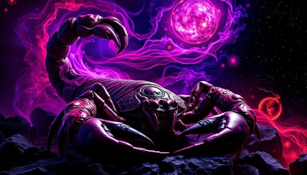 A captivating and intricate composition depicting the essence of the Scorpio zodiac sign. In the foreground, a dramatic scorpion creature with intricate carapace and piercing stinger, its expression exuding intensity and determination. Around it, swirling cosmic energies in shades of deep purple, crimson and indigo, evoking the complex, transformative nature of this sign. In the middle ground, glowing celestial orbs and nebulae cast an otherworldly glow, while the background features a starry night sky, conveying the boundless mystery and depth of Scorpio. Lighting is dramatic, with areas of high contrast and shadowy details. The overall mood is one of power, passion and occult mysticism. A captivating and intricate composition depicting the essence of the Scorpio zodiac sign. In the foreground, a dramatic scorpion creature with intricate carapace and piercing stinger, its expression exuding intensity and determination. Around it, swirling cosmic energies in shades of deep purple, crimson and indigo, evoking the complex, transformative nature of this sign. In the middle ground, glowing celestial orbs and nebulae cast an otherworldly glow, while the background features a starry night sky, conveying the boundless mystery and depth of Scorpio. Lighting is dramatic, with areas of high contrast and shadowy details. The overall mood is one of power, passion and occult mysticism.