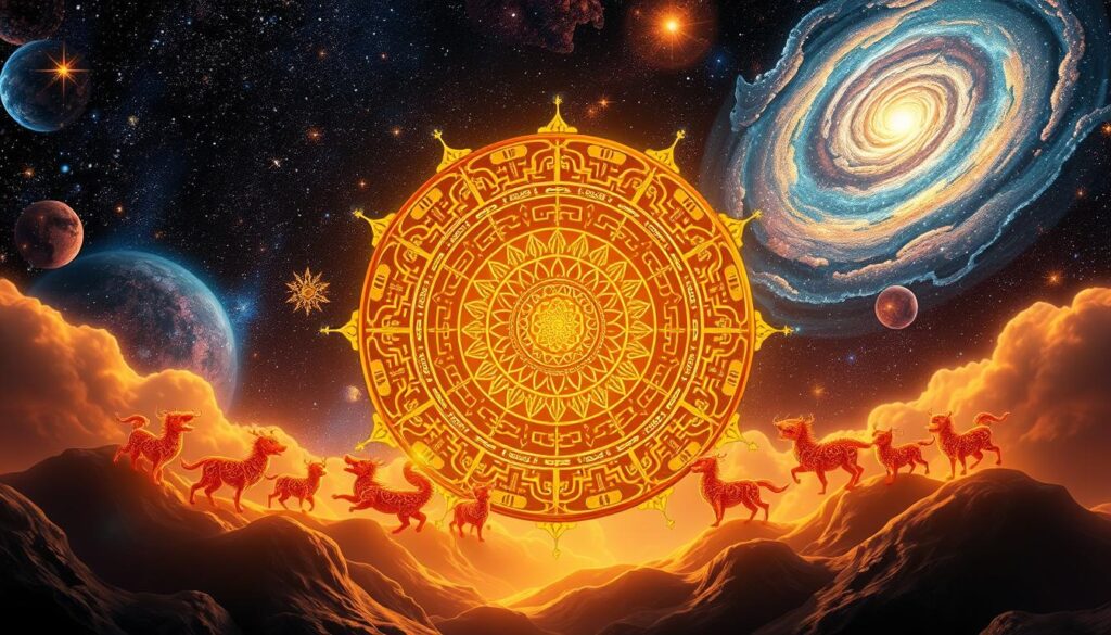 A captivating cosmic scene showcasing the intricate symbols of the Chinese zodiac. In the foreground, a radiant, dragon-inspired mandala takes center stage, its intricate patterns shimmering with golden hues. Surrounding it, a parade of whimsical animal figures representing the 12 signs of the Chinese astrological calendar dance across the frame, each imbued with a distinct personality and energy. In the middle ground, a majestic celestial landscape unfolds, with swirling galaxies, nebulae, and shimmering stars creating a mesmerizing backdrop. Soft, ethereal lighting illuminates the scene, casting a warm, mystical glow and evoking a sense of ancient wisdom and spiritual connection. The overall composition strikes a balance between the detailed, symbolic elements and the expansive, cosmic setting, capturing the essence of the Chinese horoscope in a visually captivating and harmonious way. A captivating cosmic scene showcasing the intricate symbols of the Chinese zodiac. In the foreground, a radiant, dragon-inspired mandala takes center stage, its intricate patterns shimmering with golden hues. Surrounding it, a parade of whimsical animal figures representing the 12 signs of the Chinese astrological calendar dance across the frame, each imbued with a distinct personality and energy. In the middle ground, a majestic celestial landscape unfolds, with swirling galaxies, nebulae, and shimmering stars creating a mesmerizing backdrop. Soft, ethereal lighting illuminates the scene, casting a warm, mystical glow and evoking a sense of ancient wisdom and spiritual connection. The overall composition strikes a balance between the detailed, symbolic elements and the expansive, cosmic setting, capturing the essence of the Chinese horoscope in a visually captivating and harmonious way.