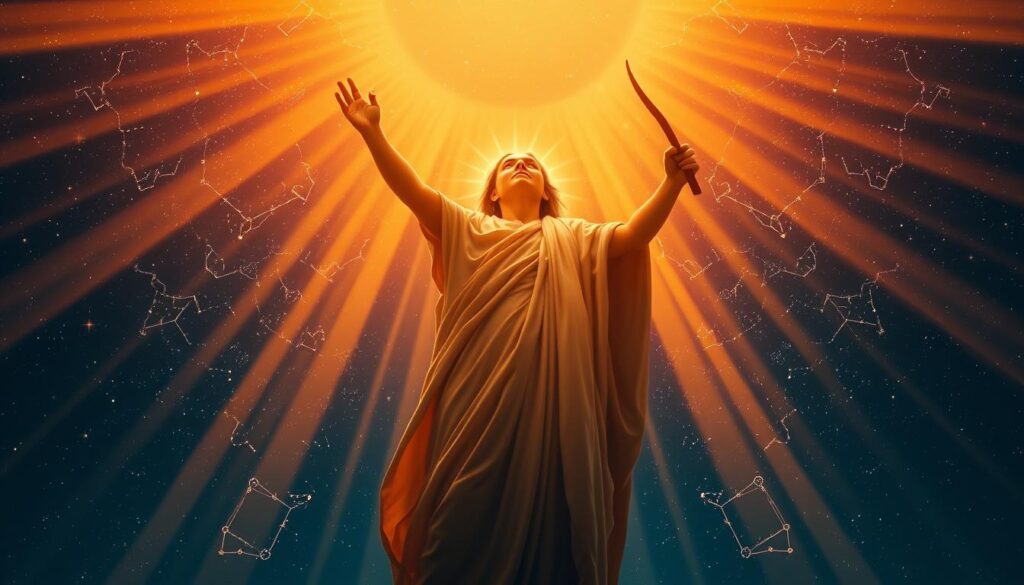 A celestial figure stands tall, radiating a warm, golden glow. Clad in flowing robes, their countenance exudes a sense of wisdom and exploration. Arrayed around them, the constellations of the Sagittarius zodiac sign dance in the starry night sky, illuminating the scene with a cosmic energy. Rays of light stream down, bathing the figure in an ethereal, otherworldly aura. The composition evokes a sense of ascension, a journey toward higher knowledge and understanding. Vibrant hues of orange, yellow, and deep blue create a captivating, dreamlike atmosphere, inviting the viewer to gaze upward and contemplate the mysteries of the universe. A celestial figure stands tall, radiating a warm, golden glow. Clad in flowing robes, their countenance exudes a sense of wisdom and exploration. Arrayed around them, the constellations of the Sagittarius zodiac sign dance in the starry night sky, illuminating the scene with a cosmic energy. Rays of light stream down, bathing the figure in an ethereal, otherworldly aura. The composition evokes a sense of ascension, a journey toward higher knowledge and understanding. Vibrant hues of orange, yellow, and deep blue create a captivating, dreamlike atmosphere, inviting the viewer to gaze upward and contemplate the mysteries of the universe.