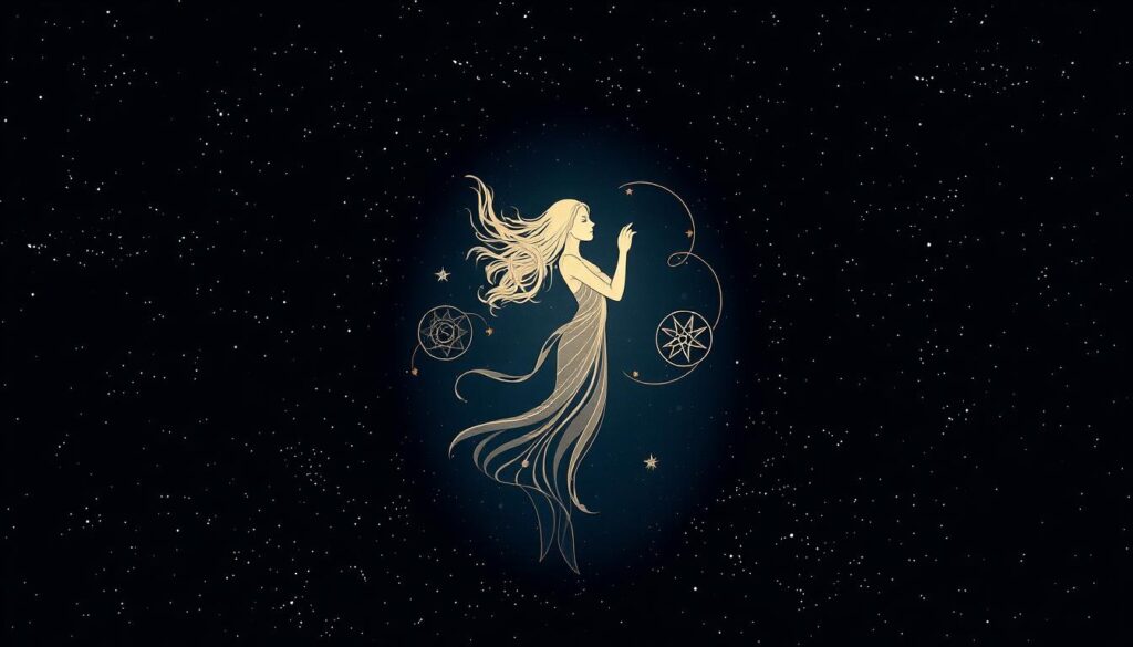 A celestial illustration of the Virgo symbol, delicately rendered against a backdrop of a starry night sky. In the foreground, a graceful, feminine silhouette emerges, representing the purity and meticulous nature of the Virgo sign. The figure is bathed in a soft, ethereal light, emanating a sense of serenity and introspection. In the middle ground, intricate patterns and celestial motifs swirl, suggesting the Virgo's connection to the cosmos. The background is a deep, inky expanse dotted with twinkling stars, conveying the vastness of the universe and the Virgo's deep contemplation of the divine. The overall mood is one of quiet contemplation, elegance, and a reverence for the natural world. A celestial illustration of the Virgo symbol, delicately rendered against a backdrop of a starry night sky. In the foreground, a graceful, feminine silhouette emerges, representing the purity and meticulous nature of the Virgo sign. The figure is bathed in a soft, ethereal light, emanating a sense of serenity and introspection. In the middle ground, intricate patterns and celestial motifs swirl, suggesting the Virgo's connection to the cosmos. The background is a deep, inky expanse dotted with twinkling stars, conveying the vastness of the universe and the Virgo's deep contemplation of the divine. The overall mood is one of quiet contemplation, elegance, and a reverence for the natural world.