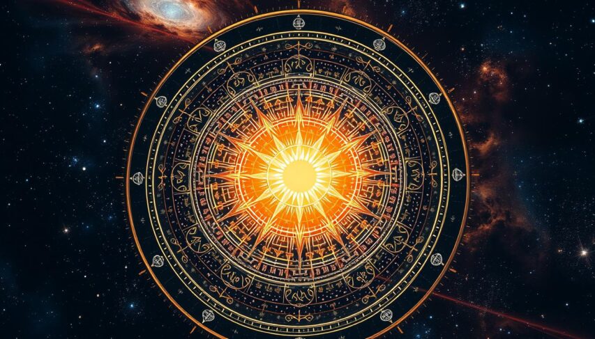A celestial mandala of astrological cycles, swirling with cosmic energy. A radiant sun at the center, its rays extending outward to meet the orbiting planets and stars. Intricate patterns of light and shadow dance across the canvas, creating a mesmerizing depiction of the interconnected nature of the heavens. Shimmering nebulae and galaxies fill the background, hinting at the vast mysteries of the universe. The overall composition evokes a sense of harmony, balance, and the ever-turning wheel of celestial time. Capture this cosmic tapestry in a dreamlike, atmospheric style using a wide-angle lens to convey a sense of scale and grandeur. A celestial mandala of astrological cycles, swirling with cosmic energy. A radiant sun at the center, its rays extending outward to meet the orbiting planets and stars. Intricate patterns of light and shadow dance across the canvas, creating a mesmerizing depiction of the interconnected nature of the heavens. Shimmering nebulae and galaxies fill the background, hinting at the vast mysteries of the universe. The overall composition evokes a sense of harmony, balance, and the ever-turning wheel of celestial time. Capture this cosmic tapestry in a dreamlike, atmospheric style using a wide-angle lens to convey a sense of scale and grandeur.