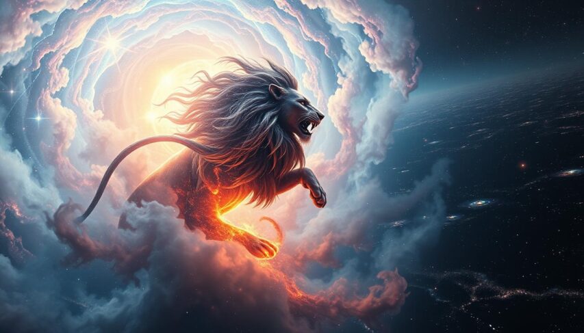 A celestial transformation unfolds, as cosmic forces swirl and reshape the heavens. In the foreground, a vibrant astrological symbol - the regal lion - emerges from a vortex of shimmering energy, its mane a writhing mass of stellar plasma. Surrounding this celestial entity, a nebula of kaleidoscopic hues fills the middle ground, casting an ethereal glow upon the scene. In the distant background, a panorama of galaxies and celestial bodies dance across the infinite expanse, creating a captivating astrological tapestry. Soft, directional lighting accentuates the dramatic chiaroscuro, imbuing the image with a sense of mysticism and transformation. Captured through a wide-angle lens, this breathtaking cosmic vision conveys the profound astrological upheaval at the heart of A celestial transformation unfolds, as cosmic forces swirl and reshape the heavens. In the foreground, a vibrant astrological symbol - the regal lion - emerges from a vortex of shimmering energy, its mane a writhing mass of stellar plasma. Surrounding this celestial entity, a nebula of kaleidoscopic hues fills the middle ground, casting an ethereal glow upon the scene. In the distant background, a panorama of galaxies and celestial bodies dance across the infinite expanse, creating a captivating astrological tapestry. Soft, directional lighting accentuates the dramatic chiaroscuro, imbuing the image with a sense of mysticism and transformation. Captured through a wide-angle lens, this breathtaking cosmic vision conveys the profound astrological upheaval at the heart of