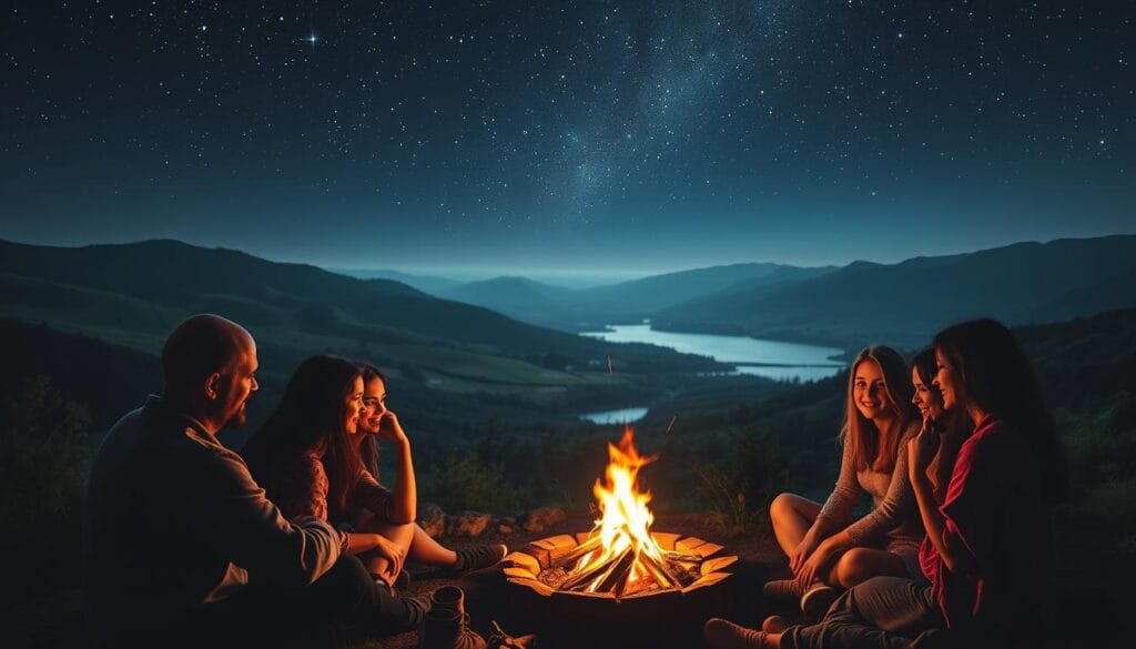 A cozy, mystical scene showcasing the essence of the Cancer zodiac sign. In the foreground, a group of warm-hearted, intuitive Cancerian individuals gather around a small campfire, their faces bathed in a soft, flickering glow. The middle ground reveals a lush, serene landscape - rolling hills, a tranquil lake, and a starry night sky overhead. In the background, celestial bodies twinkle, hinting at the astrological significance of the Crab. The composition evokes a sense of emotional depth, nurturing, and a strong connection to home and family, qualities deeply associated with this water sign. A cozy, mystical scene showcasing the essence of the Cancer zodiac sign. In the foreground, a group of warm-hearted, intuitive Cancerian individuals gather around a small campfire, their faces bathed in a soft, flickering glow. The middle ground reveals a lush, serene landscape - rolling hills, a tranquil lake, and a starry night sky overhead. In the background, celestial bodies twinkle, hinting at the astrological significance of the Crab. The composition evokes a sense of emotional depth, nurturing, and a strong connection to home and family, qualities deeply associated with this water sign.