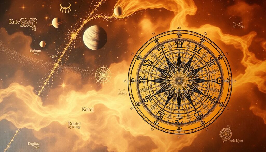 A detailed astrological map, rendered in a warm, ethereal style. The foreground depicts a richly symbolic zodiac wheel, its twelve signs rendered in intricate, ornate designs. The middle ground showcases a celestial backdrop, with planets, stars, and cosmic phenomena swirling in a mesmerizing display. The background features a hazy, dreamlike nebula, infused with shimmering, otherworldly hues. The overall composition conveys a sense of mysticism, harmony, and the interconnectedness of the heavens. Soft, diffused lighting casts a serene, contemplative atmosphere, inviting the viewer to explore the depths of this astrological landscape. A detailed astrological map, rendered in a warm, ethereal style. The foreground depicts a richly symbolic zodiac wheel, its twelve signs rendered in intricate, ornate designs. The middle ground showcases a celestial backdrop, with planets, stars, and cosmic phenomena swirling in a mesmerizing display. The background features a hazy, dreamlike nebula, infused with shimmering, otherworldly hues. The overall composition conveys a sense of mysticism, harmony, and the interconnectedness of the heavens. Soft, diffused lighting casts a serene, contemplative atmosphere, inviting the viewer to explore the depths of this astrological landscape.