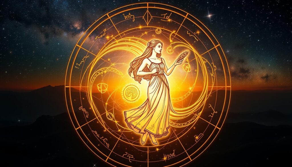 A detailed astrological star map, depicting the celestial bodies and constellations that define the Virgo zodiac sign. The foreground showcases the Virgo symbol, a delicate maiden holding a sheaf of wheat, rendered in an intricate, hand-drawn style. The middle ground features a swirling, ethereal pattern of stars, planets, and cosmic phenomena, illuminated by a warm, golden glow. In the background, a vast, deep-space landscape unfolds, with distant galaxies, nebulae, and other celestial wonders creating a sense of boundless mystery and wonder. The overall atmosphere is one of elegance, balance, and a deep connection to the natural rhythms of the universe. A detailed astrological star map, depicting the celestial bodies and constellations that define the Virgo zodiac sign. The foreground showcases the Virgo symbol, a delicate maiden holding a sheaf of wheat, rendered in an intricate, hand-drawn style. The middle ground features a swirling, ethereal pattern of stars, planets, and cosmic phenomena, illuminated by a warm, golden glow. In the background, a vast, deep-space landscape unfolds, with distant galaxies, nebulae, and other celestial wonders creating a sense of boundless mystery and wonder. The overall atmosphere is one of elegance, balance, and a deep connection to the natural rhythms of the universe.