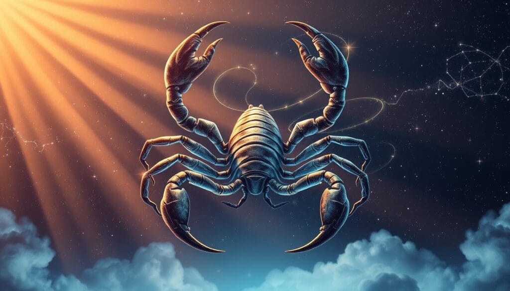 A detailed, celestial illustration of the Scorpio zodiac sign. Set against a dramatic, starry sky backdrop, a large, ethereal scorpion figure dominates the center of the frame. Its segmented body and intricate exoskeleton are rendered with meticulous precision, capturing the sign's enigmatic and powerful essence. Wisps of cosmic energy swirl around the scorpion, hinting at its mysterious, otherworldly nature. Shimmering constellations and galaxies provide a captivating, mystical atmosphere, while rays of warm, ambient lighting bathe the entire scene in a serene, contemplative glow. The composition is balanced and harmonious, inviting the viewer to feel the profound depth and symbolic significance of the Scorpio archetype. A detailed, celestial illustration of the Scorpio zodiac sign. Set against a dramatic, starry sky backdrop, a large, ethereal scorpion figure dominates the center of the frame. Its segmented body and intricate exoskeleton are rendered with meticulous precision, capturing the sign's enigmatic and powerful essence. Wisps of cosmic energy swirl around the scorpion, hinting at its mysterious, otherworldly nature. Shimmering constellations and galaxies provide a captivating, mystical atmosphere, while rays of warm, ambient lighting bathe the entire scene in a serene, contemplative glow. The composition is balanced and harmonious, inviting the viewer to feel the profound depth and symbolic significance of the Scorpio archetype.