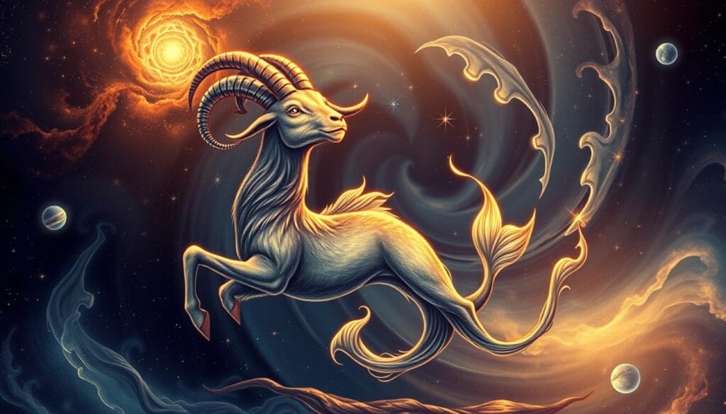 A detailed illustration of the mystical Bode-Peixe symbol, the iconic representation of the astrological sign of Capricorn. In the foreground, a majestic goat with intricate horns gazes upwards, its body seamlessly transitioning into the fluid form of a fish-like tail. The middle ground features a swirling cosmic backdrop, with nebulae, stars, and celestial bodies creating a sense of celestial wonder. The lighting is soft and ethereal, casting a warm, otherworldly glow on the central symbol. The composition is balanced and harmonious, conveying the dualistic nature of the Capricorn archetype - the grounded, ambitious goat and the intuitive, adaptable fish. The overall mood is one of mysticism, spiritual significance, and the interconnectedness of the earthly and the divine. A detailed illustration of the mystical Bode-Peixe symbol, the iconic representation of the astrological sign of Capricorn. In the foreground, a majestic goat with intricate horns gazes upwards, its body seamlessly transitioning into the fluid form of a fish-like tail. The middle ground features a swirling cosmic backdrop, with nebulae, stars, and celestial bodies creating a sense of celestial wonder. The lighting is soft and ethereal, casting a warm, otherworldly glow on the central symbol. The composition is balanced and harmonious, conveying the dualistic nature of the Capricorn archetype - the grounded, ambitious goat and the intuitive, adaptable fish. The overall mood is one of mysticism, spiritual significance, and the interconnectedness of the earthly and the divine.