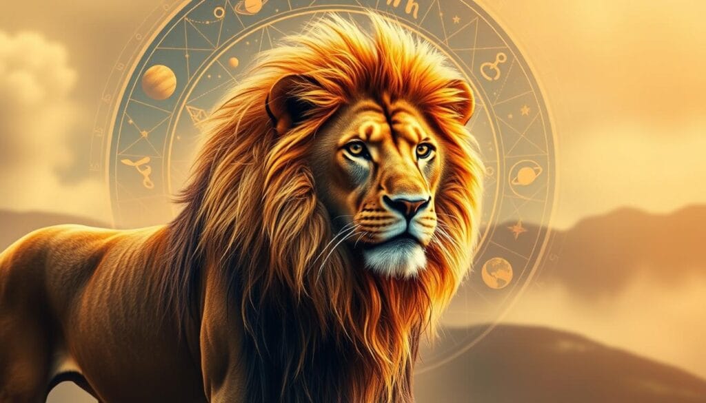 A detailed portrait of the Leo zodiac sign, captured in vibrant, warm tones. In the foreground, a majestic lion stands proud, its golden mane flowing majestically. The lion's piercing gaze exudes confidence and a sense of regal authority. In the middle ground, celestial elements like stars, planets, and cosmic swirls create a captivating astrological backdrop, evoking the mystic allure of the Leo sign. The background features a hazy, ethereal landscape, with soft lighting and a subtle, dreamlike quality that enhances the overall sense of power and enchantment. Seamlessly blending realism and imagination, this image captures the essence of the Leo personality - bold, charismatic, and brimming with creative energy. A detailed portrait of the Leo zodiac sign, captured in vibrant, warm tones. In the foreground, a majestic lion stands proud, its golden mane flowing majestically. The lion's piercing gaze exudes confidence and a sense of regal authority. In the middle ground, celestial elements like stars, planets, and cosmic swirls create a captivating astrological backdrop, evoking the mystic allure of the Leo sign. The background features a hazy, ethereal landscape, with soft lighting and a subtle, dreamlike quality that enhances the overall sense of power and enchantment. Seamlessly blending realism and imagination, this image captures the essence of the Leo personality - bold, charismatic, and brimming with creative energy.