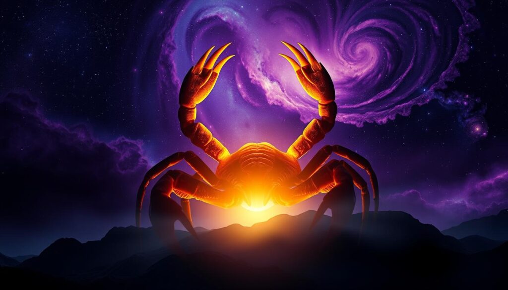 A dramatic and mystical cosmic landscape, with the silhouette of a majestic scorpion creature emerging from the shadows. The scorpion's form is highlighted by a warm, golden glow that emanates from within, casting an ethereal and captivating presence. In the background, swirling galaxies and nebulae in shades of deep purple, indigo, and midnight blue create a sense of boundless, celestial wonder. Soft, ambient lighting illuminates the scene, evoking a pensive and introspective mood. The overall composition conveys the power, intensity, and transformative nature of the Scorpio ascendant archetype. A dramatic and mystical cosmic landscape, with the silhouette of a majestic scorpion creature emerging from the shadows. The scorpion's form is highlighted by a warm, golden glow that emanates from within, casting an ethereal and captivating presence. In the background, swirling galaxies and nebulae in shades of deep purple, indigo, and midnight blue create a sense of boundless, celestial wonder. Soft, ambient lighting illuminates the scene, evoking a pensive and introspective mood. The overall composition conveys the power, intensity, and transformative nature of the Scorpio ascendant archetype.