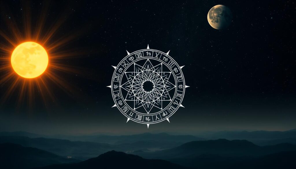 A dramatic celestial scene showcasing the interplay between the sun, moon, and astrological ascendant. In the foreground, the sun and moon hover majestically in the night sky, their luminous forms casting a warm and ethereal glow. In the middle ground, a detailed depiction of the astrological ascendant symbol emerges, its intricate design reflecting the mystical forces that shape one's cosmic destiny. The background features a sweeping, starry landscape, hinting at the infinite mysteries of the universe. Rendered with a cinematic, dreamlike quality, the image conveys a sense of wonder and the profound influence of celestial energies on the human experience. A dramatic celestial scene showcasing the interplay between the sun, moon, and astrological ascendant. In the foreground, the sun and moon hover majestically in the night sky, their luminous forms casting a warm and ethereal glow. In the middle ground, a detailed depiction of the astrological ascendant symbol emerges, its intricate design reflecting the mystical forces that shape one's cosmic destiny. The background features a sweeping, starry landscape, hinting at the infinite mysteries of the universe. Rendered with a cinematic, dreamlike quality, the image conveys a sense of wonder and the profound influence of celestial energies on the human experience.