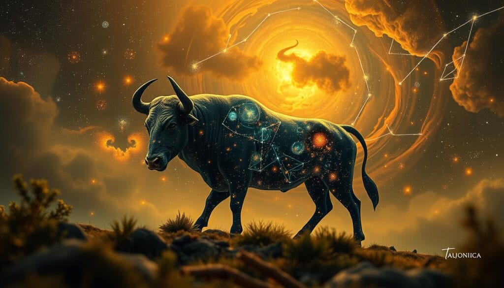 A lush, cosmic landscape with the Taurus constellation as the focal point. In the foreground, a majestic bull figure, its powerful presence commanding attention. The bull's form is rendered in a mix of earthy tones and ethereal, starry elements, symbolizing the grounded nature and celestial influence of the Taurus zodiac sign. In the middle ground, swirling nebulae and glowing celestial bodies create a mesmerizing celestial backdrop, hinting at the astrological foundations of the Taurus personality. The overall scene is illuminated by a warm, golden light, evoking a sense of stability, security, and inner strength associated with the Taurus sign. Capture this cosmic representation of the Taurus zodiac in a beautifully balanced, high-resolution image. A lush, cosmic landscape with the Taurus constellation as the focal point. In the foreground, a majestic bull figure, its powerful presence commanding attention. The bull's form is rendered in a mix of earthy tones and ethereal, starry elements, symbolizing the grounded nature and celestial influence of the Taurus zodiac sign. In the middle ground, swirling nebulae and glowing celestial bodies create a mesmerizing celestial backdrop, hinting at the astrological foundations of the Taurus personality. The overall scene is illuminated by a warm, golden light, evoking a sense of stability, security, and inner strength associated with the Taurus sign. Capture this cosmic representation of the Taurus zodiac in a beautifully balanced, high-resolution image.
