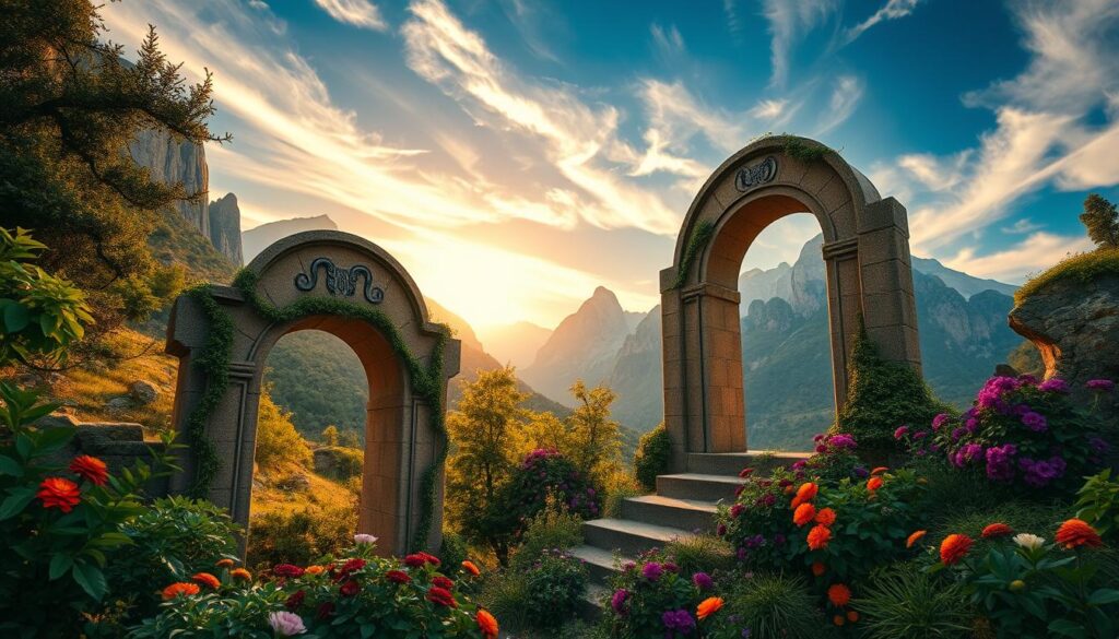 A lush, earthy landscape with towering mountains in the background, bathed in a warm, golden light. In the foreground, a majestic stone archway adorned with intricate carvings of celestial symbols and the astrological sign of Taurus. Vines and moss cling to the ancient structure, evoking a sense of timelessness and mystical energy. Surrounding the archway, a profusion of verdant foliage and blooming flowers in shades of green, ochre, and deep purple, creating a harmonious, natural tableau. The sky is a deep, rich blue, dotted with wispy clouds that cast ethereal shadows across the scene. This evocative image captures the essence of the earth element and the astrological influences that shape the Taurus identity. A lush, earthy landscape with towering mountains in the background, bathed in a warm, golden light. In the foreground, a majestic stone archway adorned with intricate carvings of celestial symbols and the astrological sign of Taurus. Vines and moss cling to the ancient structure, evoking a sense of timelessness and mystical energy. Surrounding the archway, a profusion of verdant foliage and blooming flowers in shades of green, ochre, and deep purple, creating a harmonious, natural tableau. The sky is a deep, rich blue, dotted with wispy clouds that cast ethereal shadows across the scene. This evocative image captures the essence of the earth element and the astrological influences that shape the Taurus identity.