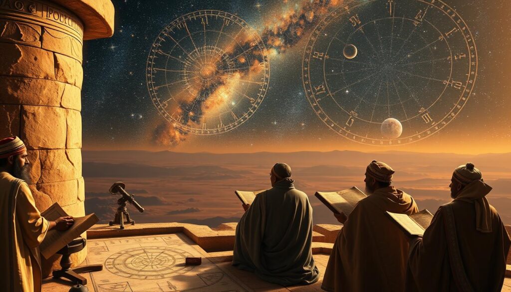 A magnificent celestial scene depicting the ancient history of Mesopotamian astrology. In the foreground, scholars and astronomers pore over scrolls and tablets, their robes and headdresses evocative of the region's rich cultural heritage. The middle ground features intricate astrological diagrams and symbols, conveying the depth and complexity of this ancient science. In the background, a sweeping vista of the night sky unfolds, with glittering stars and planets casting a warm, ethereal glow over the entire scene. Warm, muted tones evoke the timeless wisdom of this astrological tradition, while carefully composed lighting and angles create a sense of depth and atmosphere. A magnificent celestial scene depicting the ancient history of Mesopotamian astrology. In the foreground, scholars and astronomers pore over scrolls and tablets, their robes and headdresses evocative of the region's rich cultural heritage. The middle ground features intricate astrological diagrams and symbols, conveying the depth and complexity of this ancient science. In the background, a sweeping vista of the night sky unfolds, with glittering stars and planets casting a warm, ethereal glow over the entire scene. Warm, muted tones evoke the timeless wisdom of this astrological tradition, while carefully composed lighting and angles create a sense of depth and atmosphere.