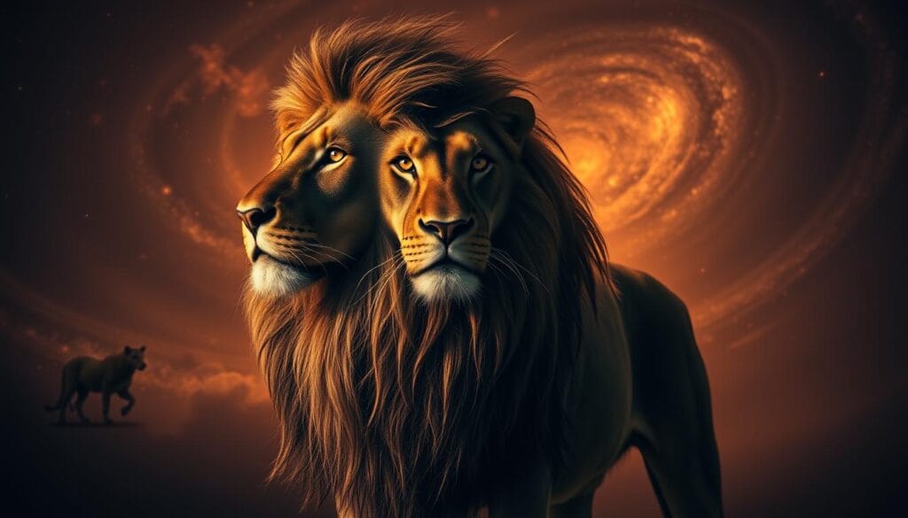 A majestic and regal lion, the king of the zodiac, stands proud and resolute, its mane flowing in a dramatic chiaroscuro of light and shadow. Captured in a dramatic, cinematic composition, the lion's golden eyes gaze confidently into the distance, exuding an aura of power, strength, and unwavering leadership. The background is a swirling cosmic landscape, with nebulae, galaxies, and celestial bodies creating a mesmerizing, otherworldly atmosphere. The lighting is dramatic, with warm, saturated tones and a sense of grandeur and importance, befitting the majestic nature of the lion. The overall image conveys the strength, confidence, and regal nature of the Leo zodiac sign, the A majestic and regal lion, the king of the zodiac, stands proud and resolute, its mane flowing in a dramatic chiaroscuro of light and shadow. Captured in a dramatic, cinematic composition, the lion's golden eyes gaze confidently into the distance, exuding an aura of power, strength, and unwavering leadership. The background is a swirling cosmic landscape, with nebulae, galaxies, and celestial bodies creating a mesmerizing, otherworldly atmosphere. The lighting is dramatic, with warm, saturated tones and a sense of grandeur and importance, befitting the majestic nature of the lion. The overall image conveys the strength, confidence, and regal nature of the Leo zodiac sign, the