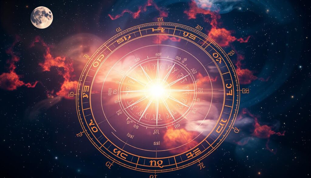 A majestic astrological chart, illuminated by the celestial glow of the cosmos. In the foreground, the intricate details of the horoscope wheel, its symbols and glyphs etched in intricate lines. The middle ground features a serene, starry night sky, with the phases of the moon and the constellations of the zodiac shimmering in the ethereal light. In the background, a swirling nebula of vibrant colors and cosmic energy, creating a sense of depth and mysticism. The overall scene exudes a sense of ancient wisdom, inviting the viewer to delve into the origins and significance of the astrological ascendant, the foundation of one's personal destiny. A majestic astrological chart, illuminated by the celestial glow of the cosmos. In the foreground, the intricate details of the horoscope wheel, its symbols and glyphs etched in intricate lines. The middle ground features a serene, starry night sky, with the phases of the moon and the constellations of the zodiac shimmering in the ethereal light. In the background, a swirling nebula of vibrant colors and cosmic energy, creating a sense of depth and mysticism. The overall scene exudes a sense of ancient wisdom, inviting the viewer to delve into the origins and significance of the astrological ascendant, the foundation of one's personal destiny.
