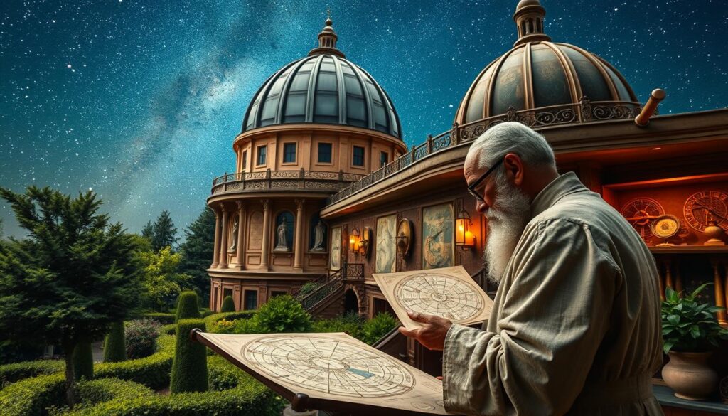 A majestic observatory stands tall, its domed roof reaching towards the starry night sky. Celestial maps adorn the walls, chronicling humanity's ancient fascination with the cosmos. Ornate astrolabes and telescopes line the shelves, representing the evolution of astrological tools. In the foreground, a wise astrologist pores over intricate star charts, their gaze transfixed by the mysteries of the universe. Soft, warm lighting illuminates the scene, casting a contemplative atmosphere. Surrounding the observatory, a lush, verdant garden provides a serene backdrop, hinting at the connection between astrology and the natural world. This image captures the rich history and timeless allure of the study of the stars, as it has unfolded across the ages and continents. A majestic observatory stands tall, its domed roof reaching towards the starry night sky. Celestial maps adorn the walls, chronicling humanity's ancient fascination with the cosmos. Ornate astrolabes and telescopes line the shelves, representing the evolution of astrological tools. In the foreground, a wise astrologist pores over intricate star charts, their gaze transfixed by the mysteries of the universe. Soft, warm lighting illuminates the scene, casting a contemplative atmosphere. Surrounding the observatory, a lush, verdant garden provides a serene backdrop, hinting at the connection between astrology and the natural world. This image captures the rich history and timeless allure of the study of the stars, as it has unfolded across the ages and continents.