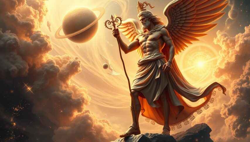 A majestic rendition of the Greek messenger god Hermes, standing tall with his winged sandals and a caduceus in hand, against a backdrop of swirling celestial elements. The scene captures the essence of his role as the intermediary between the divine and mortal realms, with a sense of dynamism and ethereal grace. Soft, warm lighting illuminates the figure, emphasizing his athleticism and divine aura, while the surrounding cosmic motifs, including planetary orbs and shimmering star fields, create a mesmerizing and awe-inspiring atmosphere. A majestic rendition of the Greek messenger god Hermes, standing tall with his winged sandals and a caduceus in hand, against a backdrop of swirling celestial elements. The scene captures the essence of his role as the intermediary between the divine and mortal realms, with a sense of dynamism and ethereal grace. Soft, warm lighting illuminates the figure, emphasizing his athleticism and divine aura, while the surrounding cosmic motifs, including planetary orbs and shimmering star fields, create a mesmerizing and awe-inspiring atmosphere.