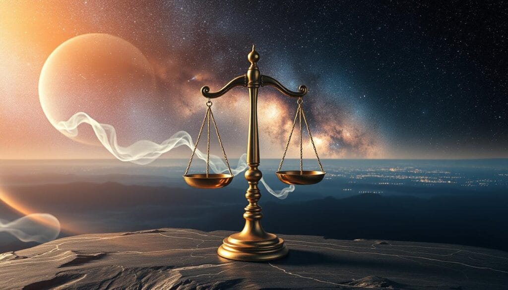 A mesmerizing astrological illustration depicting the Libra zodiac sign, set against a captivating cosmic backdrop. In the foreground, the iconic Libra symbol - elegant scales in perfect balance - is rendered in exquisite detail, its metallic surfaces gleaming under a soft, diffused lighting. The middle ground features an ethereal, starry night sky, with wispy, ethereal nebulae swirling around the Libra icon, lending an otherworldly, harmonious atmosphere. In the background, a panoramic view of the vast, infinite universe unfolds, with distant galaxies and celestial bodies adding depth and a sense of cosmic wonder. The overall composition conveys the Libra's core traits of balance, grace, and a deep connection to the natural rhythms of the cosmos. A mesmerizing astrological illustration depicting the Libra zodiac sign, set against a captivating cosmic backdrop. In the foreground, the iconic Libra symbol - elegant scales in perfect balance - is rendered in exquisite detail, its metallic surfaces gleaming under a soft, diffused lighting. The middle ground features an ethereal, starry night sky, with wispy, ethereal nebulae swirling around the Libra icon, lending an otherworldly, harmonious atmosphere. In the background, a panoramic view of the vast, infinite universe unfolds, with distant galaxies and celestial bodies adding depth and a sense of cosmic wonder. The overall composition conveys the Libra's core traits of balance, grace, and a deep connection to the natural rhythms of the cosmos.