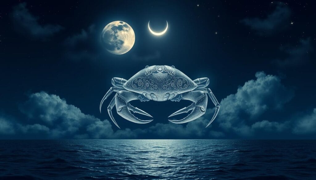 A moonlit night sky, with a crescent moon casting a soft glow over a serene ocean. In the center, the symbol of the Cancer zodiac sign - a crab shell or carapace - elegantly rendered in intricate detail, its curves and textures reflecting the lunar light. The crab's form is composed of delicate lines and shimmering patterns, evoking the mystical and intuitive nature of the Cancer sign. Surrounding the central image, wispy clouds and twinkling stars create a sense of cosmic wonder, while the calm waters below mirror the tranquil, emotional essence of the Cancer personality. A visually captivating, dreamlike composition that captures the essence of the Cancer zodiac sign. A moonlit night sky, with a crescent moon casting a soft glow over a serene ocean. In the center, the symbol of the Cancer zodiac sign - a crab shell or carapace - elegantly rendered in intricate detail, its curves and textures reflecting the lunar light. The crab's form is composed of delicate lines and shimmering patterns, evoking the mystical and intuitive nature of the Cancer sign. Surrounding the central image, wispy clouds and twinkling stars create a sense of cosmic wonder, while the calm waters below mirror the tranquil, emotional essence of the Cancer personality. A visually captivating, dreamlike composition that captures the essence of the Cancer zodiac sign.