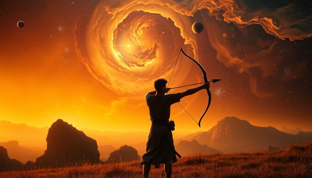 A mystical, celestial landscape depicting the Sagittarius zodiac sign. In the foreground, an archer draws back a luminous arrow, representing the sign's adventurous and philosophical nature. Behind them, a vast cosmos unfolds, with swirling nebulae, twinkling stars, and celestial bodies in rich, vibrant hues. The background is bathed in a warm, golden glow, creating an atmospheric, otherworldly ambiance. The composition is balanced, with the archer positioned as the central focus, surrounded by the grandiose, awe-inspiring splendor of the universe. Captured with a wide-angle lens to emphasize the sense of scale and grandeur. Lighting is dramatic, with sharp contrasts and deep shadows to enhance the mystical, ethereal quality of the scene. A mystical, celestial landscape depicting the Sagittarius zodiac sign. In the foreground, an archer draws back a luminous arrow, representing the sign's adventurous and philosophical nature. Behind them, a vast cosmos unfolds, with swirling nebulae, twinkling stars, and celestial bodies in rich, vibrant hues. The background is bathed in a warm, golden glow, creating an atmospheric, otherworldly ambiance. The composition is balanced, with the archer positioned as the central focus, surrounded by the grandiose, awe-inspiring splendor of the universe. Captured with a wide-angle lens to emphasize the sense of scale and grandeur. Lighting is dramatic, with sharp contrasts and deep shadows to enhance the mystical, ethereal quality of the scene.
