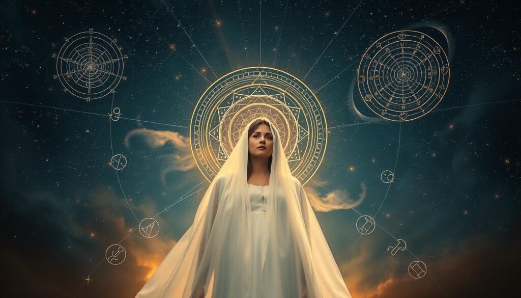 A mystical, dreamlike scene depicting the interconnectedness of past lives and life lessons. Set against a serene, starry night sky, a figure shrouded in ethereal light stands amidst swirling cosmic energy. Intricate celestial patterns and symbols illuminate the background, hinting at the astrological underpinnings of karmic revelation. The subject's expression is one of introspection and enlightenment, as they become attuned to the profound wisdom of their previous incarnations. Soft, warm lighting casts a contemplative glow, inviting the viewer to meditate on the cyclical nature of existence and the lessons inherent in each lifetime. A mystical, dreamlike scene depicting the interconnectedness of past lives and life lessons. Set against a serene, starry night sky, a figure shrouded in ethereal light stands amidst swirling cosmic energy. Intricate celestial patterns and symbols illuminate the background, hinting at the astrological underpinnings of karmic revelation. The subject's expression is one of introspection and enlightenment, as they become attuned to the profound wisdom of their previous incarnations. Soft, warm lighting casts a contemplative glow, inviting the viewer to meditate on the cyclical nature of existence and the lessons inherent in each lifetime.