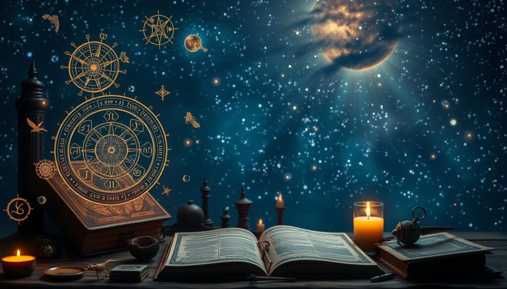 A picturesque scene of the historical context of astrology, with the zodiac signs prominently displayed against a captivating cosmic backdrop. In the foreground, intricate astrological symbols and celestial objects float ethereally, casting a contemplative glow. In the middle ground, ancient tomes and mystical artifacts suggest the rich traditions and practices of the astrological arts. The background depicts a vast, starry sky, hinting at the expansive nature of the cosmos and the profound connections it holds with the human experience. Soft, diffused lighting enhances the sense of timelessness and wonder, inviting the viewer to ponder the enduring allure of astrology and the role of the astrologer in unraveling its mysteries. A picturesque scene of the historical context of astrology, with the zodiac signs prominently displayed against a captivating cosmic backdrop. In the foreground, intricate astrological symbols and celestial objects float ethereally, casting a contemplative glow. In the middle ground, ancient tomes and mystical artifacts suggest the rich traditions and practices of the astrological arts. The background depicts a vast, starry sky, hinting at the expansive nature of the cosmos and the profound connections it holds with the human experience. Soft, diffused lighting enhances the sense of timelessness and wonder, inviting the viewer to ponder the enduring allure of astrology and the role of the astrologer in unraveling its mysteries.