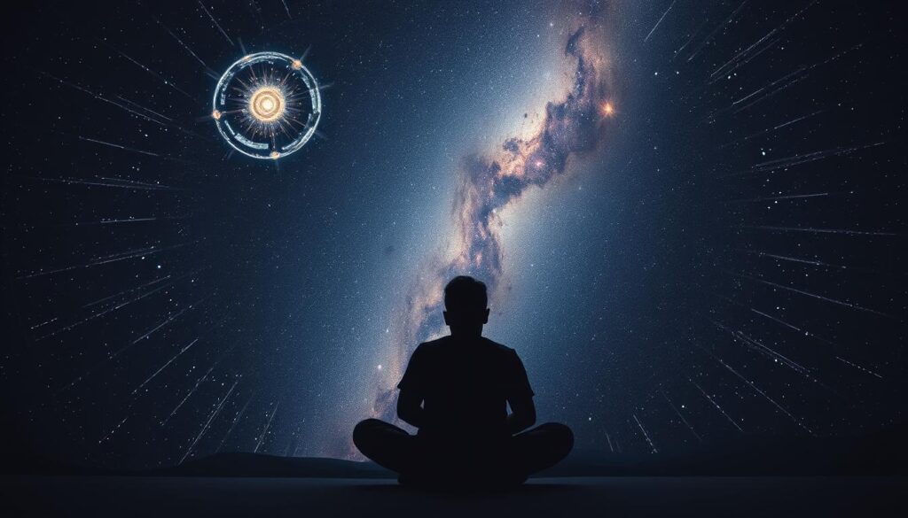 A serene and contemplative scene of a person sitting cross-legged, hands resting on their lap, gazing upwards at a starry night sky. The foreground features the person in a meditative pose, their face illuminated by a soft, ambient light. The middle ground showcases a celestial landscape, with swirling galaxies, nebulae, and twinkling stars against a deep, inky blackness. The background is a vast, expansive cosmos, hinting at the mysteries and insights that can be uncovered through understanding one's astrological ascendant. The overall mood is one of introspection, wonder, and a sense of connection to the greater cosmos. A serene and contemplative scene of a person sitting cross-legged, hands resting on their lap, gazing upwards at a starry night sky. The foreground features the person in a meditative pose, their face illuminated by a soft, ambient light. The middle ground showcases a celestial landscape, with swirling galaxies, nebulae, and twinkling stars against a deep, inky blackness. The background is a vast, expansive cosmos, hinting at the mysteries and insights that can be uncovered through understanding one's astrological ascendant. The overall mood is one of introspection, wonder, and a sense of connection to the greater cosmos.