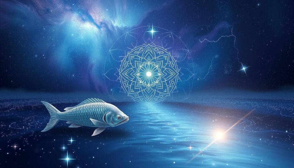 A serene and ethereal astral landscape, bathed in a soft, otherworldly glow. In the foreground, a mystical fish-like creature swims through a river of stars, its scales shimmering with an iridescent hue. The middle ground features a mesmerizing celestial mandala, its intricate patterns radiating outward from a central point. In the background, a vast, nebulous expanse of deep blues and purples stretches out, punctuated by twinkling stars and swirling cosmic energy. The overall atmosphere is one of profound spiritual connection, inviting the viewer to feel the profound mysteries of the Piscean ascendant. Prompt A serene and ethereal astral landscape, bathed in a soft, otherworldly glow. In the foreground, a mystical fish-like creature swims through a river of stars, its scales shimmering with an iridescent hue. The middle ground features a mesmerizing celestial mandala, its intricate patterns radiating outward from a central point. In the background, a vast, nebulous expanse of deep blues and purples stretches out, punctuated by twinkling stars and swirling cosmic energy. The overall atmosphere is one of profound spiritual connection, inviting the viewer to feel the profound mysteries of the Piscean ascendant. Prompt