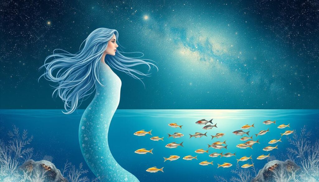 A serene and ethereal illustration of the Pisces zodiac sign, set against a cosmic backdrop. In the foreground, a graceful figure of a mermaid-like being, with flowing hair and delicate features, symbolizing the intuitive and empathetic nature of Pisces. The middle ground depicts a peaceful underwater scene, with schools of colorful fish swimming in harmony, reflecting the sign's connection to the marine realm. In the distant background, a shimmering galaxy of stars and celestial bodies, evoking the expansive and spiritual qualities of the Pisces personality. The overall mood is one of tranquility, introspection, and a deep connection to the mystical realms of the universe. A serene and ethereal illustration of the Pisces zodiac sign, set against a cosmic backdrop. In the foreground, a graceful figure of a mermaid-like being, with flowing hair and delicate features, symbolizing the intuitive and empathetic nature of Pisces. The middle ground depicts a peaceful underwater scene, with schools of colorful fish swimming in harmony, reflecting the sign's connection to the marine realm. In the distant background, a shimmering galaxy of stars and celestial bodies, evoking the expansive and spiritual qualities of the Pisces personality. The overall mood is one of tranquility, introspection, and a deep connection to the mystical realms of the universe.