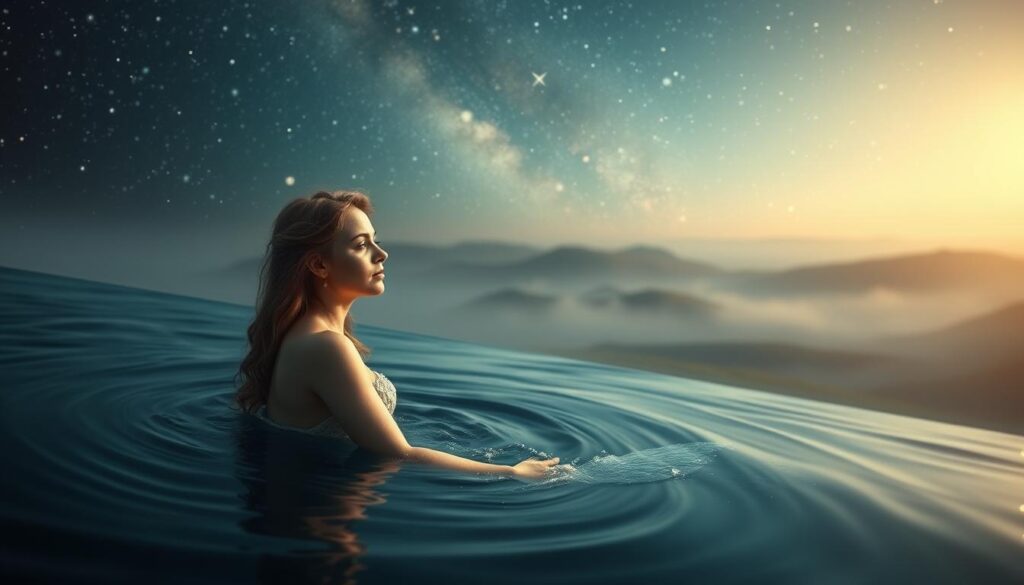 A serene and mystical scene depicting the personality of the Pisces zodiac sign. In the foreground, a graceful mermaid-like figure floats amidst swirling, ethereal waters, her expression serene and introspective. The middle ground features a starry, celestial backdrop, with subtle colors of the Milky Way and glowing celestial bodies. In the background, a sense of spiritual and emotional depth is conveyed through a misty, dreamlike landscape of rolling hills and mountains. The lighting is soft and diffused, creating a sense of harmony and tranquility. The overall atmosphere is one of introspection, intuition, and a deep connection to the mystical realms of the cosmos. A serene and mystical scene depicting the personality of the Pisces zodiac sign. In the foreground, a graceful mermaid-like figure floats amidst swirling, ethereal waters, her expression serene and introspective. The middle ground features a starry, celestial backdrop, with subtle colors of the Milky Way and glowing celestial bodies. In the background, a sense of spiritual and emotional depth is conveyed through a misty, dreamlike landscape of rolling hills and mountains. The lighting is soft and diffused, creating a sense of harmony and tranquility. The overall atmosphere is one of introspection, intuition, and a deep connection to the mystical realms of the cosmos.