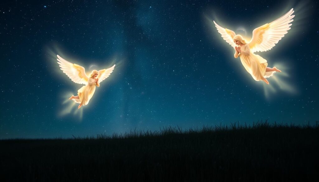 A serene celestial landscape, where glowing guardian angels hover over a tranquil meadow. Wisps of ethereal light emanate from their wings, casting a soft, comforting glow upon the scene. In the background, a starry night sky unfurls, its celestial bodies and constellations forming a mesmerizing backdrop. The angels' presence radiates a sense of divine guidance, their watchful eyes seeming to offer protection and influence over the decisions of those below. This image conveys the profound connection between the spiritual realm and the choices we make in our lives, a testament to the angels' ever-present, benevolent influence. Prompt A serene celestial landscape, where glowing guardian angels hover over a tranquil meadow. Wisps of ethereal light emanate from their wings, casting a soft, comforting glow upon the scene. In the background, a starry night sky unfurls, its celestial bodies and constellations forming a mesmerizing backdrop. The angels' presence radiates a sense of divine guidance, their watchful eyes seeming to offer protection and influence over the decisions of those below. This image conveys the profound connection between the spiritual realm and the choices we make in our lives, a testament to the angels' ever-present, benevolent influence. Prompt