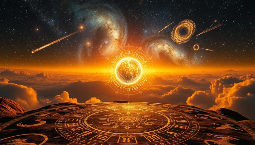 A serene celestial landscape with a vibrant night sky, featuring the intricate symbols and arcane designs representing the fundamental principles of karmic astrology. The foreground showcases the zodiac signs in a harmonious arrangement, each with a distinct aura and cosmic energy. In the middle ground, a glowing celestial sphere emanates a mystical radiance, surrounded by swirling galaxies and nebulae. The background is a vast, ethereal expanse of stars, comets, and ethereal phenomena, conveying the infinite nature of the universe and the interconnectedness of all things. The scene is bathed in a warm, golden light, creating an atmosphere of wisdom, insight, and spiritual enlightenment. Captured with a wide-angle lens, the composition emphasizes the grandeur and complexity of the karmic astrological system. A serene celestial landscape with a vibrant night sky, featuring the intricate symbols and arcane designs representing the fundamental principles of karmic astrology. The foreground showcases the zodiac signs in a harmonious arrangement, each with a distinct aura and cosmic energy. In the middle ground, a glowing celestial sphere emanates a mystical radiance, surrounded by swirling galaxies and nebulae. The background is a vast, ethereal expanse of stars, comets, and ethereal phenomena, conveying the infinite nature of the universe and the interconnectedness of all things. The scene is bathed in a warm, golden light, creating an atmosphere of wisdom, insight, and spiritual enlightenment. Captured with a wide-angle lens, the composition emphasizes the grandeur and complexity of the karmic astrological system.