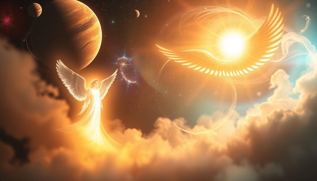 A serene, ethereal scene depicting the guardian angel's origins. In the foreground, a luminous, winged figure emerges from a swirling celestial mist, radiating a warm, protective glow. The middle ground features a softly glowing celestial realm, with planets, stars, and galaxies in a rich, cosmic palette. In the background, wisps of ethereal light flow and dance, creating a sense of mystery and the divine. The lighting is a harmonious blend of warm and cool tones, with a dreamlike, spiritual atmosphere. Capture the essence of the guardian angel's timeless origins and the profound significance they hold in human experience. A serene, ethereal scene depicting the guardian angel's origins. In the foreground, a luminous, winged figure emerges from a swirling celestial mist, radiating a warm, protective glow. The middle ground features a softly glowing celestial realm, with planets, stars, and galaxies in a rich, cosmic palette. In the background, wisps of ethereal light flow and dance, creating a sense of mystery and the divine. The lighting is a harmonious blend of warm and cool tones, with a dreamlike, spiritual atmosphere. Capture the essence of the guardian angel's timeless origins and the profound significance they hold in human experience.