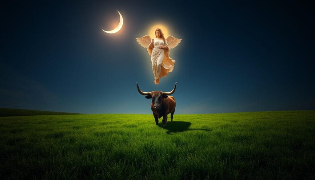 A serene night sky, a crescent moon shining upon a verdant meadow. In the center, the powerful silhouette of a mighty bull, its horns reaching towards the heavens. Hovering above, the graceful figure of the goddess Venus, her flowing robes and radiant aura emanating a warm, celestial glow. The landscape is bathed in a soft, ethereal light, creating a sense of timeless mysticism. The composition is balanced, with the contrasting elements of the earth-bound bull and the celestial Venus creating a harmonious, symbolic union. The scene evokes a sense of harmony, fertility, and the divine connection between the earthly and the cosmic realms. A serene night sky, a crescent moon shining upon a verdant meadow. In the center, the powerful silhouette of a mighty bull, its horns reaching towards the heavens. Hovering above, the graceful figure of the goddess Venus, her flowing robes and radiant aura emanating a warm, celestial glow. The landscape is bathed in a soft, ethereal light, creating a sense of timeless mysticism. The composition is balanced, with the contrasting elements of the earth-bound bull and the celestial Venus creating a harmonious, symbolic union. The scene evokes a sense of harmony, fertility, and the divine connection between the earthly and the cosmic realms.