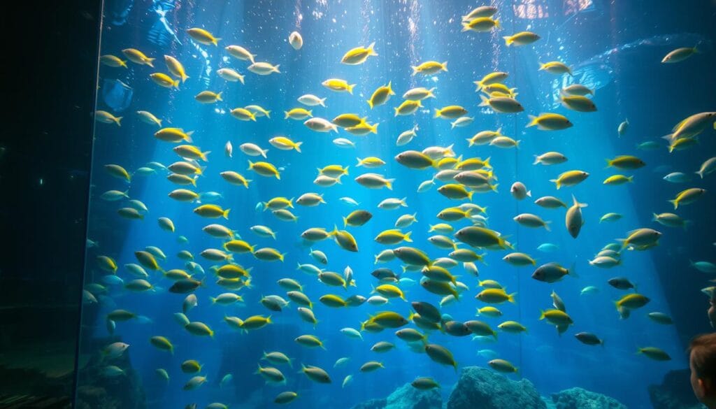 A serene, tranquil aquarium filled with vibrant, swirling schools of tropical fish in shimmering hues of blue, green, and gold. The aquarium's glass walls reflect the captivating underwater world, creating a sense of depth and immersion. Soft, diffused lighting illuminates the scene, casting a warm glow and highlighting the graceful movements of the aquatic creatures. In the background, a starry, cosmic sky shines through, hinting at the vastness and mystery of the universe beyond. The calming, ethereal atmosphere evokes the introspective, visionary nature of the Aquarius zodiac sign. A serene, tranquil aquarium filled with vibrant, swirling schools of tropical fish in shimmering hues of blue, green, and gold. The aquarium's glass walls reflect the captivating underwater world, creating a sense of depth and immersion. Soft, diffused lighting illuminates the scene, casting a warm glow and highlighting the graceful movements of the aquatic creatures. In the background, a starry, cosmic sky shines through, hinting at the vastness and mystery of the universe beyond. The calming, ethereal atmosphere evokes the introspective, visionary nature of the Aquarius zodiac sign.