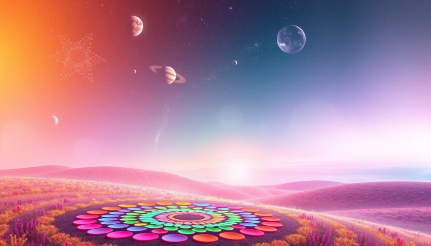A serene, vibrant landscape filled with a diverse array of colors, representing the different hues and shades in the spectrum of chromotherapy. In the foreground, a vibrant mandala-like arrangement of circular forms in warm, vibrant tones, evoking a sense of harmony and balance. The middle ground features floating, ethereal cosmic elements like planets, stars, and nebulae, their colors blending seamlessly. The background depicts a soft, dreamlike sky with gentle gradients transitioning between deep blues, purples, and hints of pinks, creating a calming, contemplative atmosphere. Soft, warm lighting illuminates the scene, casting a gentle glow and enhancing the overall sense of tranquility and wellness. A serene, vibrant landscape filled with a diverse array of colors, representing the different hues and shades in the spectrum of chromotherapy. In the foreground, a vibrant mandala-like arrangement of circular forms in warm, vibrant tones, evoking a sense of harmony and balance. The middle ground features floating, ethereal cosmic elements like planets, stars, and nebulae, their colors blending seamlessly. The background depicts a soft, dreamlike sky with gentle gradients transitioning between deep blues, purples, and hints of pinks, creating a calming, contemplative atmosphere. Soft, warm lighting illuminates the scene, casting a gentle glow and enhancing the overall sense of tranquility and wellness.