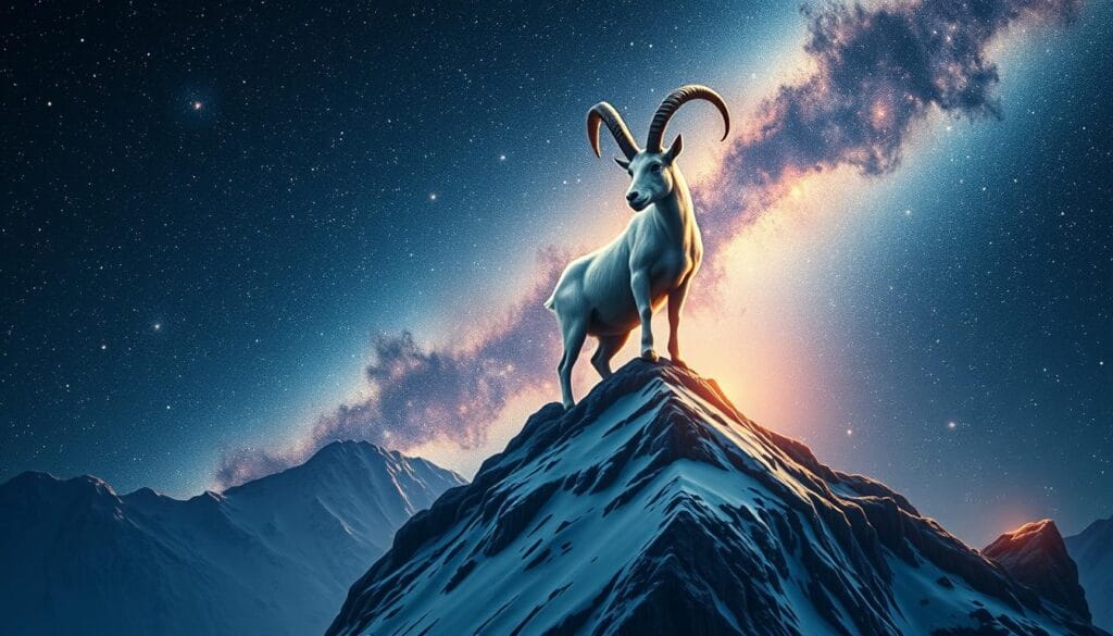 A stunning astrological illustration depicting the Capricorn zodiac sign, showcasing its iconic symbol - the majestic mountain goat. The scene is set against a breathtaking celestial backdrop, with the night sky ablaze with twinkling stars and whimsical celestial bodies. The goat stands atop a rugged, snow-capped peak, its powerful stance and sharp horns symbolizing the sign's determined, ambitious, and disciplined nature. Soft, warm lighting illuminates the scene, casting a serene, contemplative mood. The composition is well-balanced, with the goat as the central focus, surrounded by the mystical, enchanting cosmos. This visually captivating image will perfectly complement the article's exploration of the Capricorn zodiac sign and its defining characteristics. A stunning astrological illustration depicting the Capricorn zodiac sign, showcasing its iconic symbol - the majestic mountain goat. The scene is set against a breathtaking celestial backdrop, with the night sky ablaze with twinkling stars and whimsical celestial bodies. The goat stands atop a rugged, snow-capped peak, its powerful stance and sharp horns symbolizing the sign's determined, ambitious, and disciplined nature. Soft, warm lighting illuminates the scene, casting a serene, contemplative mood. The composition is well-balanced, with the goat as the central focus, surrounded by the mystical, enchanting cosmos. This visually captivating image will perfectly complement the article's exploration of the Capricorn zodiac sign and its defining characteristics.