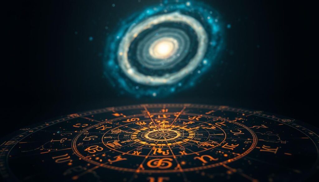 A stunning astrological map, illuminated by the cosmos. In the foreground, a detailed celestial chart depicting the signs of the zodiac, each symbol shimmering with celestial energy. The middle ground showcases a swirling galaxy, its arms stretching across the frame, casting a mesmerizing glow. In the background, a deep, inky blackness punctuated by twinkling stars, creating a sense of depth and mystery. The lighting is soft and dreamlike, casting a warm, ethereal quality over the entire scene. The angle is slightly elevated, giving the viewer a sense of contemplation and wonder, as if gazing upon the secrets of the universe. A stunning astrological map, illuminated by the cosmos. In the foreground, a detailed celestial chart depicting the signs of the zodiac, each symbol shimmering with celestial energy. The middle ground showcases a swirling galaxy, its arms stretching across the frame, casting a mesmerizing glow. In the background, a deep, inky blackness punctuated by twinkling stars, creating a sense of depth and mystery. The lighting is soft and dreamlike, casting a warm, ethereal quality over the entire scene. The angle is slightly elevated, giving the viewer a sense of contemplation and wonder, as if gazing upon the secrets of the universe.
