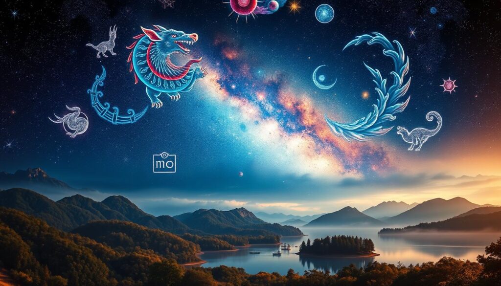 A stunning celestial landscape depicting the Chinese zodiac. In the foreground, the 12 animal signs of the Chinese zodiac circle a central focal point, each rendered in intricate detail with vibrant colors and textures. The middle ground features a breathtaking night sky, with swirling galaxies, twinkling stars, and wispy nebulae. The background showcases a serene, dreamlike environment, with mountains, forests, and a tranquil body of water reflecting the celestial scene above. Soft, warm lighting bathes the entire composition, creating a sense of wonder and mysticism. The image captures the essence of the Chinese astrological tradition, inviting the viewer to explore the rich symbolism and significance of the zodiac signs. A stunning celestial landscape depicting the Chinese zodiac. In the foreground, the 12 animal signs of the Chinese zodiac circle a central focal point, each rendered in intricate detail with vibrant colors and textures. The middle ground features a breathtaking night sky, with swirling galaxies, twinkling stars, and wispy nebulae. The background showcases a serene, dreamlike environment, with mountains, forests, and a tranquil body of water reflecting the celestial scene above. Soft, warm lighting bathes the entire composition, creating a sense of wonder and mysticism. The image captures the essence of the Chinese astrological tradition, inviting the viewer to explore the rich symbolism and significance of the zodiac signs.