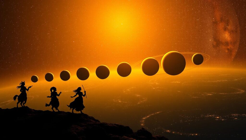 A stunning celestial parade, planets in perfect alignment, illuminated by a warm, golden glow. In the foreground, the silhouettes of ancient zodiac symbols dance across the sky, their mythical forms casting long shadows. The middle ground reveals the majestic spheres of the planets, each distinct in color and size, orbiting in harmonious synchronicity. The background opens to a breathtaking expanse of the cosmos, a tapestry of stars and distant galaxies, creating a sense of awe and wonder. The composition is balanced, the lighting is dramatic, and the overall atmosphere evokes a mystical, otherworldly ambiance, perfectly capturing the essence of a planetary alignment. A stunning celestial parade, planets in perfect alignment, illuminated by a warm, golden glow. In the foreground, the silhouettes of ancient zodiac symbols dance across the sky, their mythical forms casting long shadows. The middle ground reveals the majestic spheres of the planets, each distinct in color and size, orbiting in harmonious synchronicity. The background opens to a breathtaking expanse of the cosmos, a tapestry of stars and distant galaxies, creating a sense of awe and wonder. The composition is balanced, the lighting is dramatic, and the overall atmosphere evokes a mystical, otherworldly ambiance, perfectly capturing the essence of a planetary alignment.