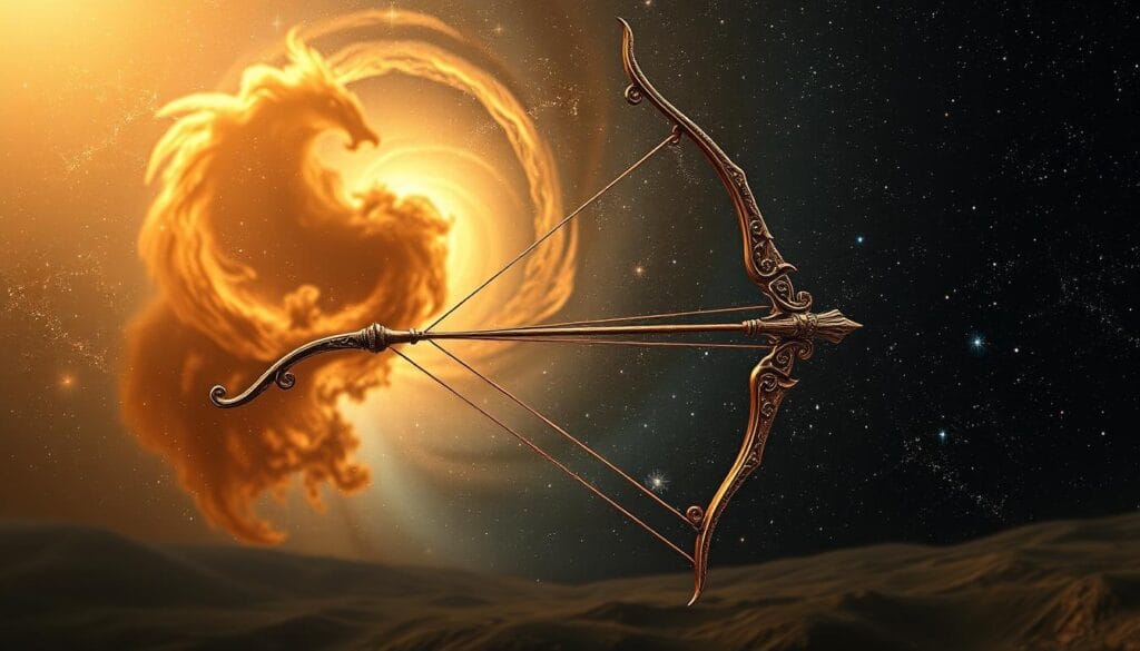 A stunning, intricate depiction of the Sagittarius symbol, set against a majestic cosmic backdrop. In the foreground, a graceful archer's bow forms the central focus, its elegant curves echoing the celestial motifs that surround it. Swirling nebulae and glittering stars fill the middle ground, casting a warm, ethereal glow across the scene. In the distance, a vast, starry expanse stretches out, hinting at the boundless mysteries of the universe. The overall mood is one of wonder, adventure, and a reverence for the ancient astrology that has captivated humanity for centuries. Soft, diffused lighting creates a sense of depth and dimension, while a wide, cinematic angle captures the grandeur of this celestial symbol. A stunning, intricate depiction of the Sagittarius symbol, set against a majestic cosmic backdrop. In the foreground, a graceful archer's bow forms the central focus, its elegant curves echoing the celestial motifs that surround it. Swirling nebulae and glittering stars fill the middle ground, casting a warm, ethereal glow across the scene. In the distance, a vast, starry expanse stretches out, hinting at the boundless mysteries of the universe. The overall mood is one of wonder, adventure, and a reverence for the ancient astrology that has captivated humanity for centuries. Soft, diffused lighting creates a sense of depth and dimension, while a wide, cinematic angle captures the grandeur of this celestial symbol.