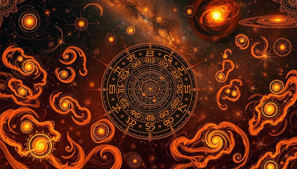 A vast cosmic tapestry unfolds, revealing the intricate patterns of the Vedic astrological system. In the foreground, celestial bodies dance amidst swirling galaxies, their celestial energies intertwining to create a mesmerizing display. The middle ground features the 12 zodiac signs, each distinct in its symbolic representation, radiating their unique influences. In the background, the boundless expanse of the night sky stretches out, dotted with twinkling stars and nebulae, evoking a sense of the infinite nature of the cosmos. Warm, muted tones imbue the scene with a serene, contemplative atmosphere, inviting the viewer to explore the depth and wisdom of this ancient astrological tradition. A vast cosmic tapestry unfolds, revealing the intricate patterns of the Vedic astrological system. In the foreground, celestial bodies dance amidst swirling galaxies, their celestial energies intertwining to create a mesmerizing display. The middle ground features the 12 zodiac signs, each distinct in its symbolic representation, radiating their unique influences. In the background, the boundless expanse of the night sky stretches out, dotted with twinkling stars and nebulae, evoking a sense of the infinite nature of the cosmos. Warm, muted tones imbue the scene with a serene, contemplative atmosphere, inviting the viewer to explore the depth and wisdom of this ancient astrological tradition.