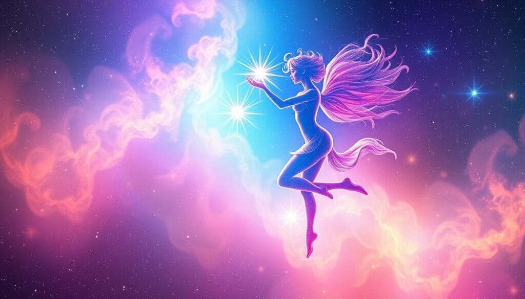 A vibrant and adaptable celestial dancer, the Gemini spirit shines through cosmic swirls of color and light. Amidst a starry, iridescent backdrop, two graceful figures intertwine, their movements fluid and expressive. Bursts of energy radiate from their fingertips, illustrating the Gemini's duality and versatility. Soft, diffused lighting casts a dreamlike glow, while a sense of airy lightness pervades the scene. This captivating image captures the essence of Gemini - intellectually curious, communicative, and ever-changing, navigating the mysteries of the universe with ease and adaptability. A vibrant and adaptable celestial dancer, the Gemini spirit shines through cosmic swirls of color and light. Amidst a starry, iridescent backdrop, two graceful figures intertwine, their movements fluid and expressive. Bursts of energy radiate from their fingertips, illustrating the Gemini's duality and versatility. Soft, diffused lighting casts a dreamlike glow, while a sense of airy lightness pervades the scene. This captivating image captures the essence of Gemini - intellectually curious, communicative, and ever-changing, navigating the mysteries of the universe with ease and adaptability.