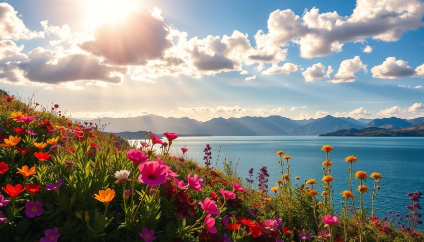 A vibrant and serene landscape, bathed in the warm glow of the sun. In the foreground, a lush array of plants and flowers in a kaleidoscope of colors, their petals swaying gently in a soft breeze. Beyond, a tranquil lake reflects the azure sky above, dotted with fluffy white clouds. In the distance, the silhouettes of majestic mountains rise, their peaks kissed by the golden rays of the sun. The entire scene exudes a sense of harmony and well-being, inviting the viewer to bask in the therapeutic power of color and nature. A vibrant and serene landscape, bathed in the warm glow of the sun. In the foreground, a lush array of plants and flowers in a kaleidoscope of colors, their petals swaying gently in a soft breeze. Beyond, a tranquil lake reflects the azure sky above, dotted with fluffy white clouds. In the distance, the silhouettes of majestic mountains rise, their peaks kissed by the golden rays of the sun. The entire scene exudes a sense of harmony and well-being, inviting the viewer to bask in the therapeutic power of color and nature.