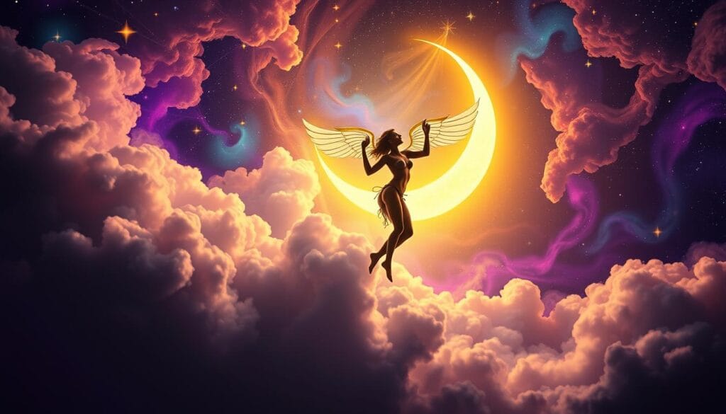 A vibrant celestial scene depicting the Gemini zodiac sign, illuminated by a glowing crescent moon and twinkling stars. In the foreground, two ethereal figures float gracefully, their forms intertwined in a delicate dance, representing the duality and adaptability of the Gemini nature. The background features swirling clouds of cosmic energy, hues of purple, blue, and gold, creating a sense of mysticism and wonder. The lighting is soft and ambient, casting a dreamlike glow over the entire composition. Captured with a wide-angle lens to emphasize the vastness of the celestial realm, this image conveys the boundless imagination and intellectual curiosity that define the Gemini spirit. A vibrant celestial scene depicting the Gemini zodiac sign, illuminated by a glowing crescent moon and twinkling stars. In the foreground, two ethereal figures float gracefully, their forms intertwined in a delicate dance, representing the duality and adaptability of the Gemini nature. The background features swirling clouds of cosmic energy, hues of purple, blue, and gold, creating a sense of mysticism and wonder. The lighting is soft and ambient, casting a dreamlike glow over the entire composition. Captured with a wide-angle lens to emphasize the vastness of the celestial realm, this image conveys the boundless imagination and intellectual curiosity that define the Gemini spirit.