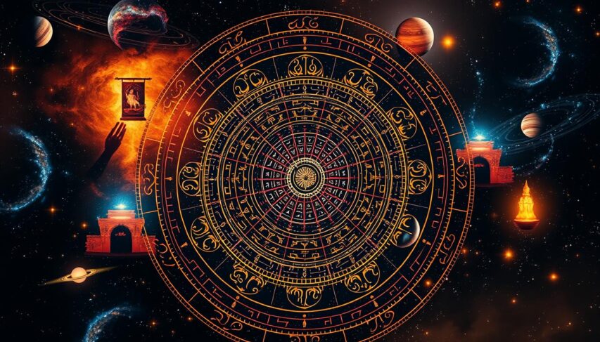 A vibrant celestial tapestry of ancient Vedic astrology, depicting the intricate web of planets, stars, and constellations that shape one's cosmic destiny. In the foreground, a striking mandala-like diagram showcases the twelve zodiac signs, each with its unique symbology and astrological significance. The middle ground features a mesmerizing depiction of the night sky, with swirling galaxies, nebulae, and celestial bodies in a rich, jewel-toned palette. In the background, a sense of timeless mysticism pervades, with glowing celestial gateways and subtle ethereal elements that convey the deep interconnectedness of the universe. Warm, diffused lighting creates an atmosphere of contemplation and introspection, inviting the viewer to explore the profound wisdom of this ancient astrological tradition. A vibrant celestial tapestry of ancient Vedic astrology, depicting the intricate web of planets, stars, and constellations that shape one's cosmic destiny. In the foreground, a striking mandala-like diagram showcases the twelve zodiac signs, each with its unique symbology and astrological significance. The middle ground features a mesmerizing depiction of the night sky, with swirling galaxies, nebulae, and celestial bodies in a rich, jewel-toned palette. In the background, a sense of timeless mysticism pervades, with glowing celestial gateways and subtle ethereal elements that convey the deep interconnectedness of the universe. Warm, diffused lighting creates an atmosphere of contemplation and introspection, inviting the viewer to explore the profound wisdom of this ancient astrological tradition.